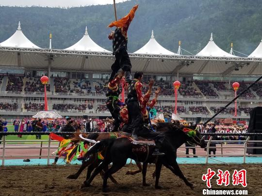图为香格里拉五月传统赛马节开幕式上,骑手正在进行精彩的马术表演。 韩帅南 摄 图为香格里拉五月传统赛马节开幕式上,骑手正在进行精彩的马术表演。 韩帅南 摄