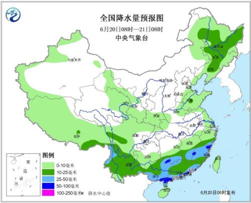 全国降水量预报图(6月20日08时-21日08时) 全国降水量预报图(6月20日08时-21日08时)