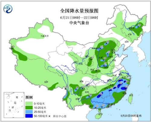 全国降水量预报图(6月21日08时-22日08时) 全国降水量预报图(6月21日08时-22日08时)