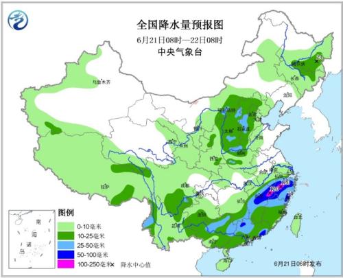 全国降水量预报图(6月21日08时-22日08时) 全国降水量预报图(6月21日08时-22日08时)