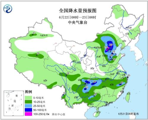 全国降水量预报图(6月22日08时-23日08时) 全国降水量预报图(6月22日08时-23日08时)