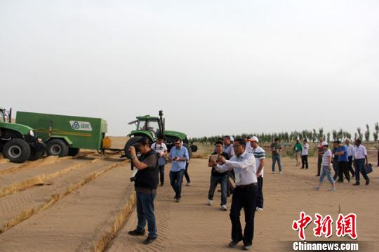 图为16国使节考察甘肃建投研发的“治沙神器”。 钟欣 摄 图为16国使节考察甘肃建投研发的“治沙神器”。 钟欣 摄