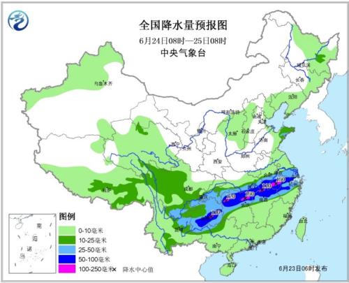全国降水量预报图(6月24日08时-25日08时) 全国降水量预报图(6月24日08时-25日08时)