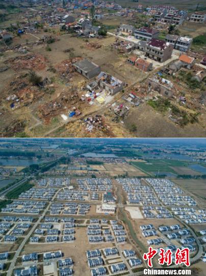 图为拼版照片:上图是2016年6月25日拍摄的盐城市阜宁县计桥村受损严重,下图是2017年6月7日拍摄的双桥村、计桥村集中安置点(与受灾点仅隔一条马路)崭新亮相。 泱波 摄 图为拼版照片:上图是2016年6月25日拍摄的盐城市阜宁县计桥村受损严重,下图是2017年6月7日拍摄的双桥村、计桥村集中安置点(与受灾点仅隔一条马路)崭新亮相。 泱波 摄