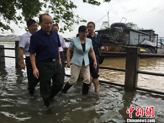 肇庆市副市长江森源、封开县县长梁健梅等到江口镇东堤低洼处指导抗洪救灾工作。 韦石明 摄 肇庆市副市长江森源、封开县县长梁健梅等到江口镇东堤低洼处指导抗洪救灾工作。 韦石明 摄